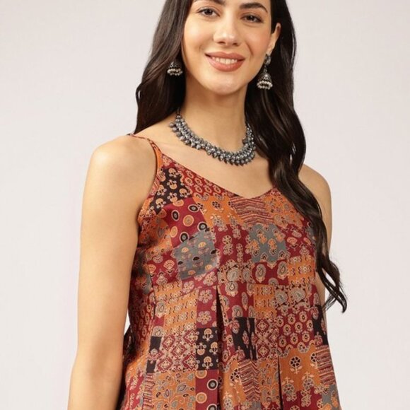 Maroon Multi-Coloured Peplum Crop Top – Scoop Neck, Sleeveless, 100% Cotton - Picture 5 of 6